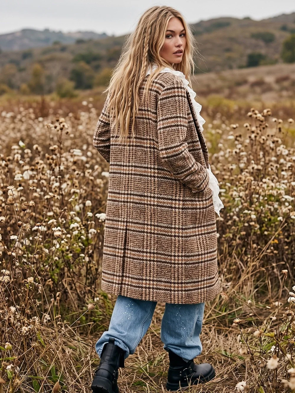 Free People Grunge Preppy Adore You Plaid Longline Wool Coat Brown Medium